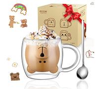 ecooe tazza da caffè in vetro borosilicato con orso dolce a doppia parete in vetro per latte macchiato 1 bicchiere da caffè da 280ml con manico ＆ un cucchiaio per cappuccino, tè