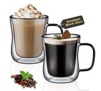 ecooe Tazze in Vetro Nero Uniche - 2x350ml Tazza da Caffè in Doppio Vetro Bicchieri da Caffè a Doppia Parete per Tè, Caffè, Latte,Cappuccino,Regalo di Compleanno per un Amico dei Genitori - 2024 Nuovo