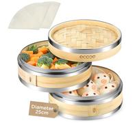 ecooe Vaporiera a 2 ripiani in bambù, cestelli da 25 cm con bordo rinforzato in acciaio inox, 2 tappetini in cotone inclusi