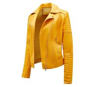 Ecopelle Donna Giubbotto Similpelle Giacca Biker Jacket Finta Pelle Sintetica Primavera Giallo Donna