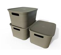 Ecoplast | Set di 3 Contenitori Multiuso Cappuccino Medium con Coperchio e Separatore - Scatola Organizer Salvaspazio per Armadi, Ripostigli e Uffici
