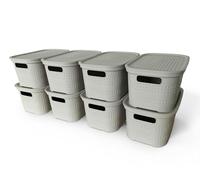 Ecoplast | Set di 8 Contenitori Multiuso Tortora Chiaro Small con Coperchio e Separatore - Scatola Organizer Salvaspazio per Armadi, Ripostigli e Uffici