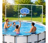 ECOPOOLTECH Canestro da pallacanestro per piscine rotonde fuori terra | Retino di arresto posteriore, retro in PVC, telaio in acciaio inox, include pallacanestro e pompa, necessita di 2 fori per le