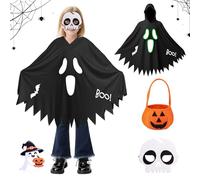 Ecoret-Pro Costume da fantasma per bambini, costume da fantasma per bambini, con maschera e sacchetto di caramelle, costume da fantasma, effetto notte, per ragazzi e ragazze, cosplay, carnevale, nero