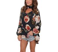 ECOTISH Donna Camicia Blusa Maglia Manica Lunga Casual Chiffon Elegante Sexy Ufficio V-Collo Camicetta con Stampa Floreale (X-Large, Nero)