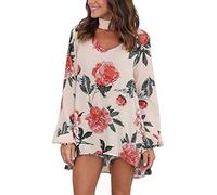 ECOTISH Donna Camicia Blusa Maglia Manica Lunga Casual Chiffon Elegante Sexy Ufficio V-Collo Camicetta con Stampa Floreale (Small, Albicocca)