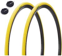 2 COPERTONCINI COLORATI 700X23C (23-622) + CAMERE VALVOLA PRESTA PNEUMATICI SLICK FIXED PER BICICLETTA DA CORSA GOMME STRADA ROAD (GIALLO, 48mm)