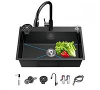 Ecoxsnz - Lavello da cucina in acciaio inox nero a tre fori, 80 x 50 cm, lavello monovasca con distributore di sapone, rubinetto, adatto per cucina, bar e uso esterno (Nero, 80 x 50 cm)