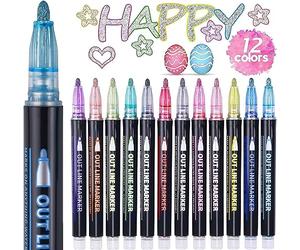 ECtury Penne glitterate per contorni, regali per ragazze adolescenti, riempitivi per calze di Natale, 12 colori metallizzati a doppia linea, per scrapbooking, regali di Natale per bambine di 4-12 anni