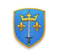 ECUSSON di Giovanna d'Arco ricamato. Toppa Jeanne d'Arc con retro in . Dimensioni 8 x 6,4 cm. Supporto da cucito incluso