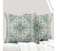 ECZOIL Set di 2 federe per cuscino bohémien, 45 x 45 cm, motivo floreale bohémien, in lino, con stampa double face, per soggiorno, divano, camera da letto, verde chiaro