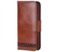 Ed Hicks - Custodia flip in vera pelle per iPhone 16 Pro Max - Portafoglio Folio e porta carte di credito - Blocco RFID - Supporto per telefono antiurto biodegradabile - Marrone con patina vintage =