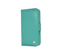 Ed Hicks - Custodia flip in vera pelle per iPhone 16e - Portafoglio Folio e porta carte di credito - Blocco RFID - Supporto per telefono antiurto biodegradabile - Blu turchese - Patina vintage quindi