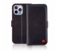 Ed Hicks Custodia in pelle nera per iPhone 14 - Custodia a portafoglio in vera pelle con cavalletto e slot per carte di blocco RFID - Compatibile con caricabatterie ufficiali MagSafe - Nero con rosso