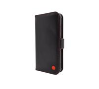 Ed Hicks Custodia in pelle nera per iPhone 16 - Custodia a portafoglio in vera pelle con cavalletto e slot per carte di blocco RFID - Compatibile con caricabatterie ufficiali MagSafe - Nero con rosso