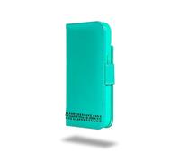 Ed Hicks Custodia in pelle per iPhone 16 - Custodia a portafoglio in vera pelle - Slot porta carte con blocco RFID - Supporto per visualizzazione - Supporto antiurto biodegradabile - Blu turchese con