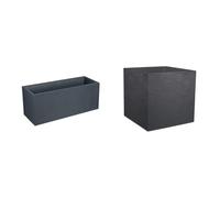 EDA VOLCANIA - Fioriera in plastica stone decor, Grigio antracite, 99,5 x 39,5 x 43,5 cm & Vaso quadrato 50 cm Volcania 57 L - Decorazione imitazione pietra - Doppia parete
