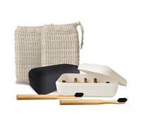 EDARTO® 2 porte-savons en bambou durables, écologiques et refermables avec couvercles + 2 brosses à dents en bambou + 2 sachets de savon 100% sisal naturel pour peler le corps