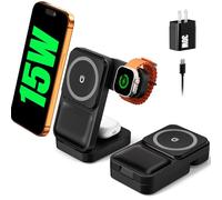 Eddibox Stazione di ricarica da viaggio 3 in 1 per MagSafe, supporto magnetico wireless ultra veloce da 15 W per iPhone 17 16 15 Pro Max, dock di ricarica pieghevole per Apple Watch/AirPods (con