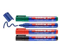 edding 30 Marcatore Indelebile Brillante Universale punta tonda; Blister 4 pz.; Colori nero, rosso, blu, verde; Tratto 1,5-3mm