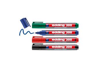 Edding 300 Marcatore Permanente, Nero, Rosso, Blu, Verde, Set Di 4, Punta Tonda 1.5-3 Mm, Impermeabili, per Cartone, Plastica