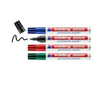 edding 3000 Marcatore Permanente, Nero, Blu, Rosso, Verde, Blister 4Pz, Punta Tonda, Asciugatura Rapida, Impermeabile, per Cartone, Plastica, Legno, Metallo, Vetro