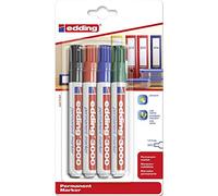 edding 3000 Marcatore Permanente, Nero, Blu, Rosso, Verde, Set 4Pz, Punta Tonda, Asciugatura Rapida, Impermeabile, per Cartone, Plastica, Legno, Metallo, Vetro