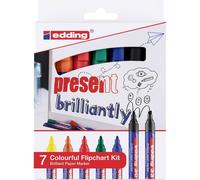 edding Colourful Flipchart Kit - Marcatori Brillanti Permanenti per Carta - set 7 marcatori - colori assortiti, vividi e luminosi - non trapassa la carta - per schizzi - per lavagna a fogli mobili