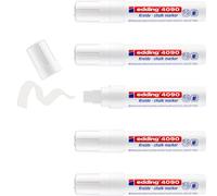 edding 4090 Marcatore a Gesso Liquido, Bianco, 5 Pennarelli, Punta a Scalpello 4-15 Mm, Punta Larga per Lavagne, Finestre, Vetri, Specchi, per Una Copertura Opaca