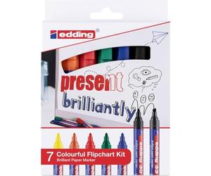 edding Colourful Flipchart Kit - Marcatori Brillanti Permanenti per Carta - set 7 marcatori - colori assortiti, vividi e luminosi - non trapassa la carta - per schizzi - per lavagna a fogli mobili