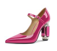 EDEFS Scarpe Comode Donna Mary Jane in Pelle Verniciata Tacco a Blocco 9 cm con Cristallo Strass Brillanti Punta a Punta Ottime per Matrimoni Galà e Tappeti Rossi Rosa Caldo EU37