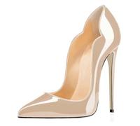 EDEFS Women Pumps Slip On Pointed Toe Flower Heels Stiletto High Heel 3.5 Inches Patent Leather for Weddings Gala Party Beige EU44
