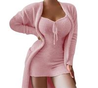 Edelaura Set Pigiama Donna 2 Pezzi Monocromatico in Pile Cardigan Lungo e Ampio a Maniche Lunghe con Tasche Minigonna Slim con Scollo a V Abbigliamento Caldo Invernale per Il Tempo Libero