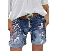 Edelaura Shorts in Jeans da Donna Stampate alla Moda Orlo Arrotolato Lavaggio Vita Alta Elastiche con Bottoni e Tasche per la Spiaggia e Il Tempo Libero