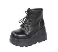Edelaura Stivaletti con Lacci Eleganti da Donna in Stile Gotico Punk Stivali da Moto Plateau in Pelle Lacca Nera Stivaletti Comodi per il Tempo Libero con Tacco a Zeppa