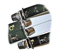 EDERER JÄGER P-008 - Bretelle per pantaloni Hirsch JAGDHORN Austria-Austria-Vienna, design JÄger, larghezza 35 mm, forma ad H, con 4 clip extra forti, corno di caccia, cervo verde, verde, Länge 110 cm