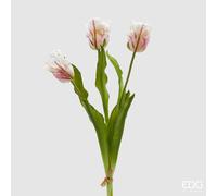 EDG Enzo De Gasperi Bouquet 3 Tulipani Parrot con Foglie Artificiali H 51 Cm White Violet