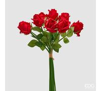 EDG Enzo De Gasperi Rosa Bouquet x9 con Foglie H 46 Cm Pianta Artificiale Colore Rosso