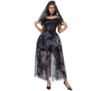 Edhomenn Abito da sposa da vampiro da donna, a maniche corte, in rete, con spalle scoperte, velo e sciarpa (nero, M)
