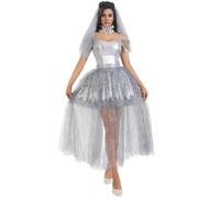 Edhomenn Abito da sposa da vampiro da donna in rete, a maniche corte, con spalle scoperte, velo e sciarpa (grigio, M)