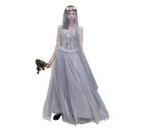 Edhomenn Costume da sposa fantasma vittoriano, set da sposa cadavere, corsetto e velo floreale, 2 pezzi, per Halloween e cosplay (01 grigio, XL)