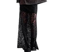 Edhomenn Gonna midi da donna in pizzo fata grunge aderente mezza gonna tinta unita trasparente gonna lunga avvolta Y2k gonna estiva da spiaggia, 08 nero., M