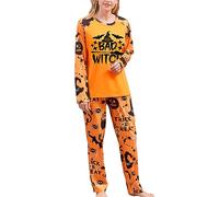Edhomenn Pigiama di Halloween per la famiglia con stampa di lettere Top a maniche lunghe con stampa pipistrello pantaloni Loungewear Abbigliamento per il tempo libero Set indumenti da notte, 01 Donne,