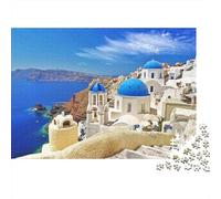 Edifici Bianchi Blu Greci Puzzle 1000 Pezzi Carta per Adulti Vista Mare Gioco di Puzzle 1000 Pezzi Relax Decorazione 38x26cm/1000pcs