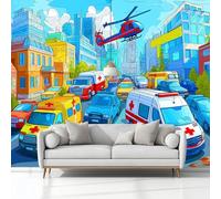 Edifici Cittadini Dei Cartoni Animati Ambulanza Carta Da Parati 3d Fotomurale Murali 300 x 210 cm Moderna Fotomurali Murales Blu Poster Da Muro, Per Soggiorno Divano Tv Hotel A Tema Corridoio