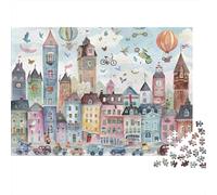 Edifici cittadini dipinti a mano Puzzle 1000 Pezzi Gioco di Puzzle 1000 Pezzi Cartoncino Adulto Pallone aerostatico nel cielo Relax Attenzione Famiglia Regalo Casa 70x50cm/1000pcs