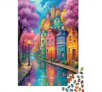 Edifici colorati lungo il fiume Puzzle 1000 Pezzi Carta per Adulti Scena di strada primaverile rilassante Famiglia Decorazione Regalo 70x50cm/1000pcs