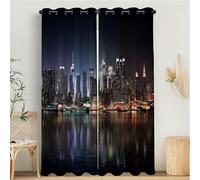 Edifici Della Città Tende a Pannello 2 Pannelli con Occhielli, Vista Notturna Di New York, Oscuranti Trattamento della Finestra per Camera da Letto, Tende cameretta bambini 140Lx240A cm, Nero Viola