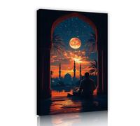 Edifici religiosi illuminati dalla luna Silhouette tela Arte murale dell'uomo attraverso l'arco Poster pittura Scena del cielo notturno islamico Stampe murali per la decor del dormitorio 60x90cm