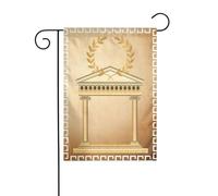 Edificio antico con ramo di ulivo romano e bandiere da giardino con stampa greca per la decorazione esterna, piccola bandiera da cortile stagionale inverno vacanze natalizie decorazioni esterne